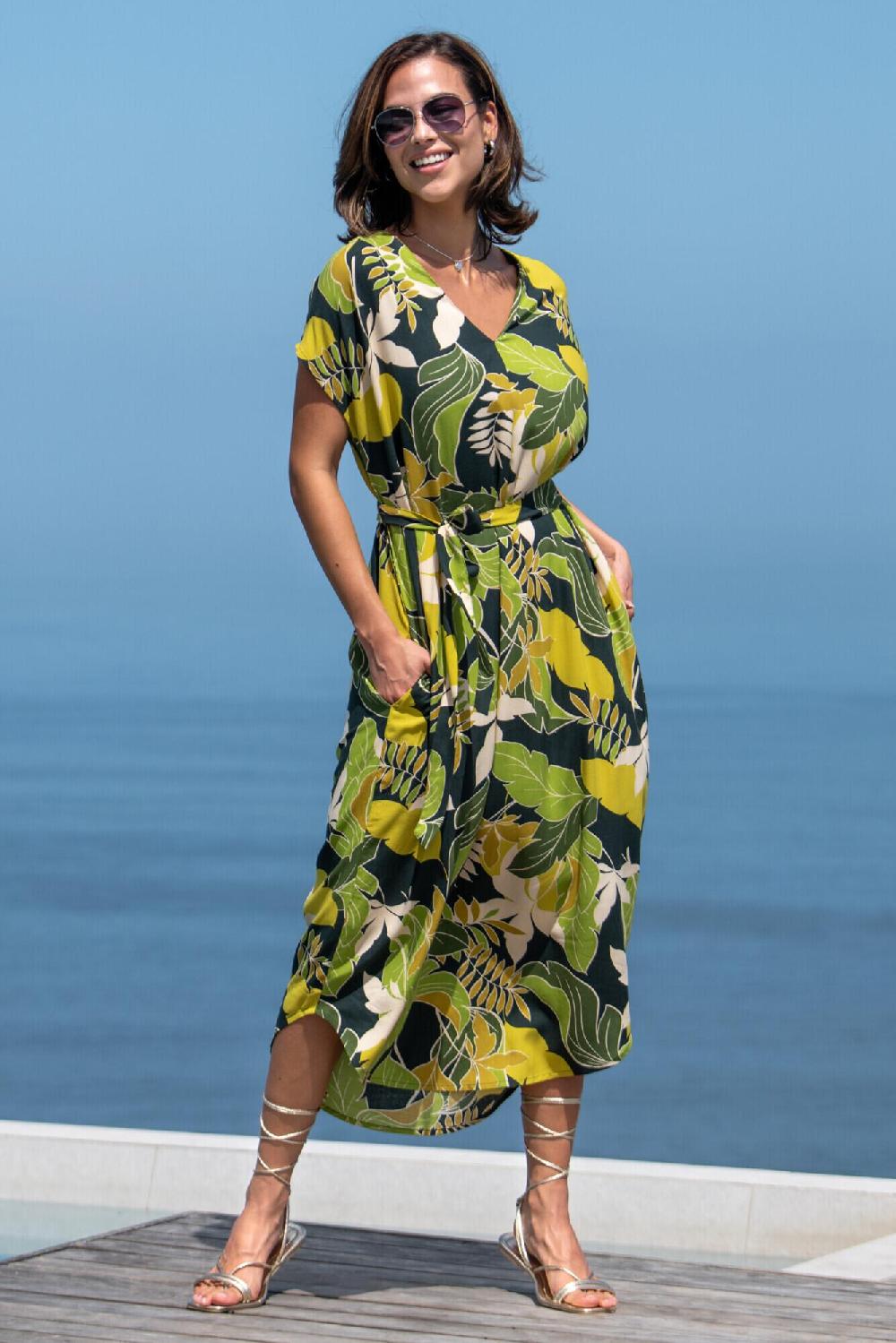 Pour Moi Belted Beach Kaftan Dress - Green Tropical