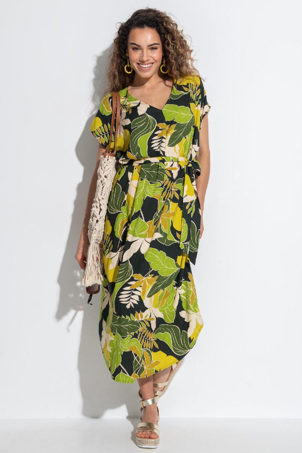 Pour Moi Belted Beach Kaftan Dress - Green Tropical