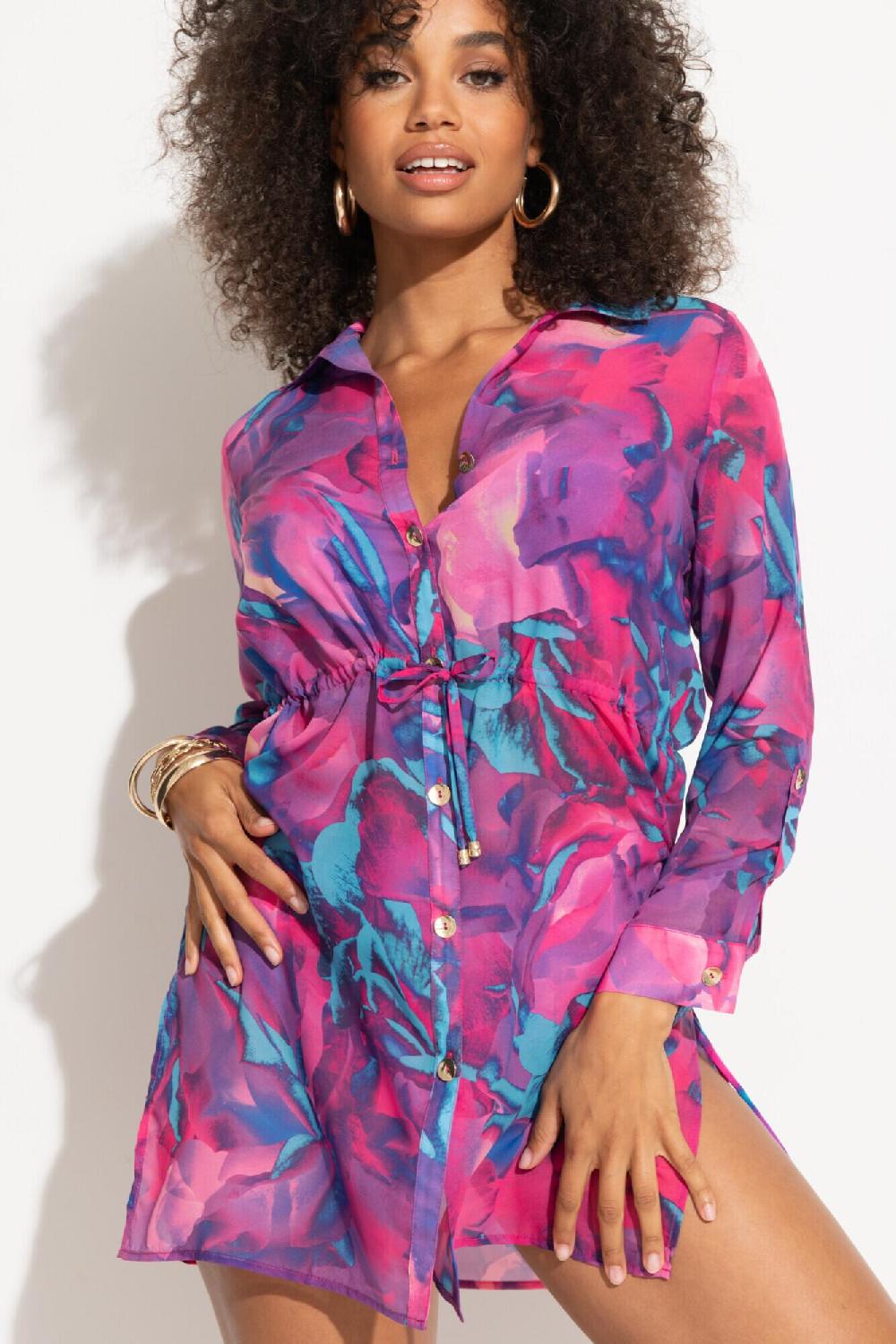 Pour Moi Chiffon Button Through Beach Shirt - Purple