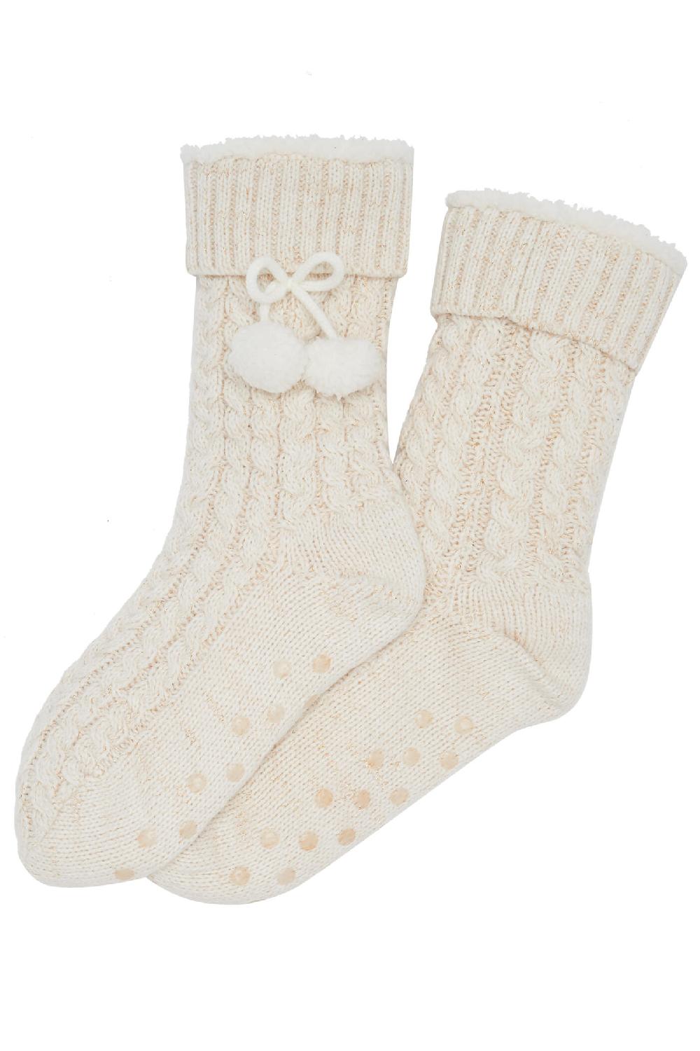 Pour Moi Cosy Cable Knit Lined Slipper Sock - Cream