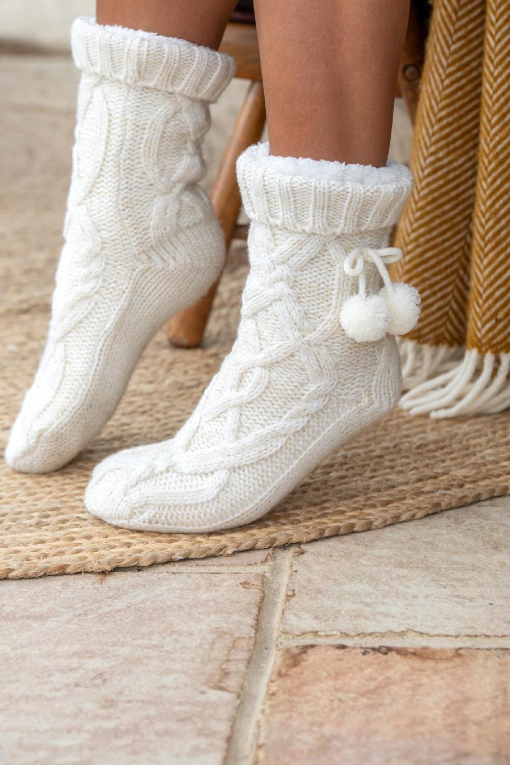 pour moi Cosy Cable Knit Lined Slipper Sock - Cream