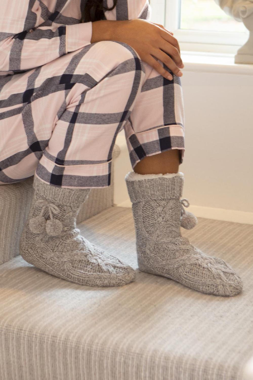 pour moi Cosy Cable Knit Lined Slipper Sock - Grey