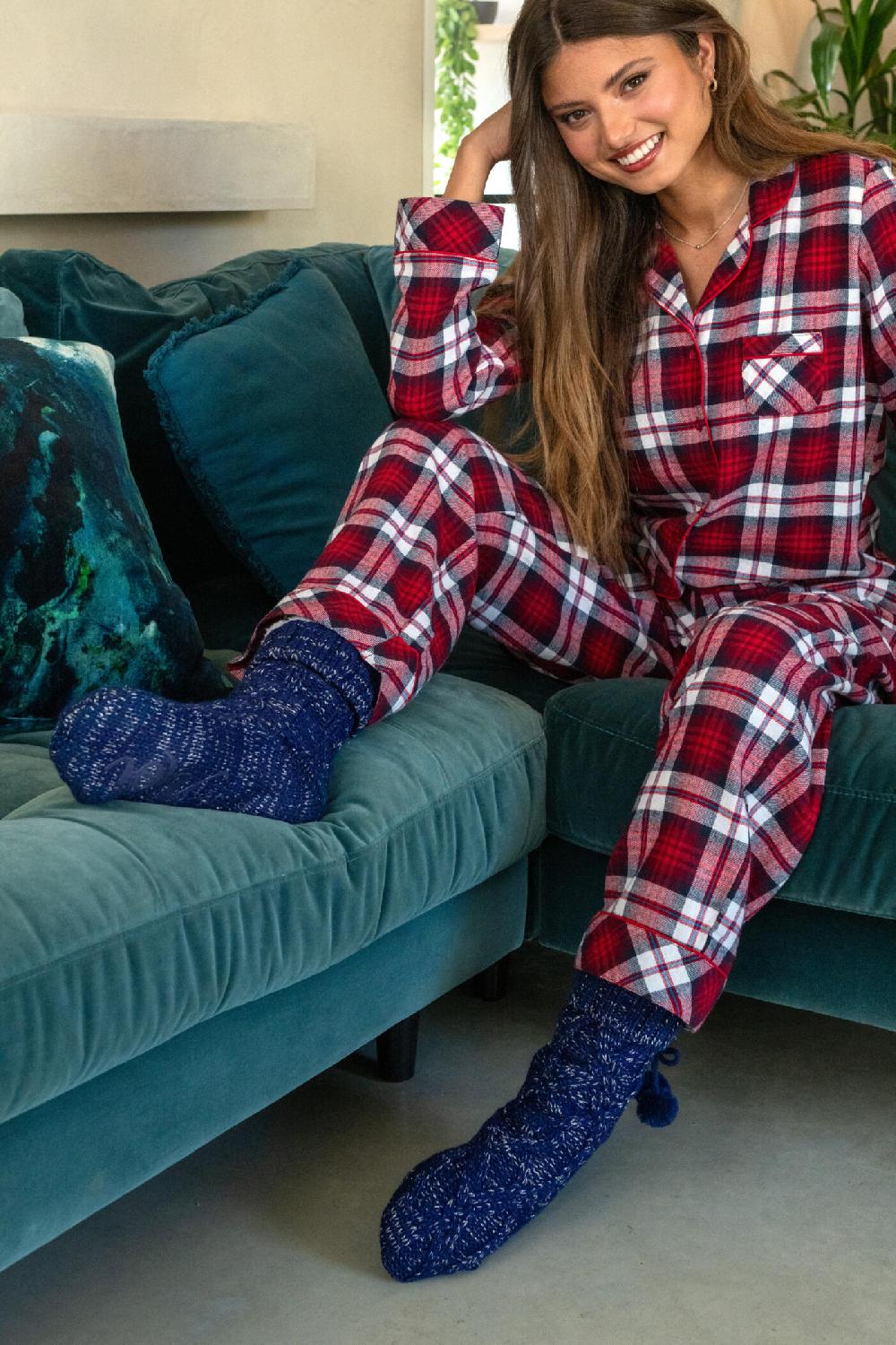 Pour Moi Cosy Cable Knit Lined Slipper Sock - Navy