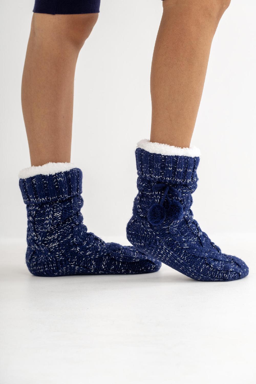 Pour Moi Cosy Cable Knit Lined Slipper Sock - Navy