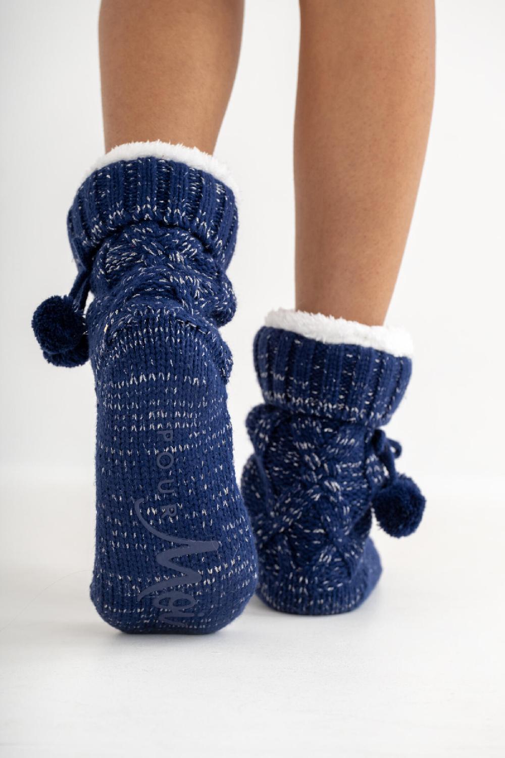 pour moi Cosy Cable Knit Lined Slipper Sock - Navy