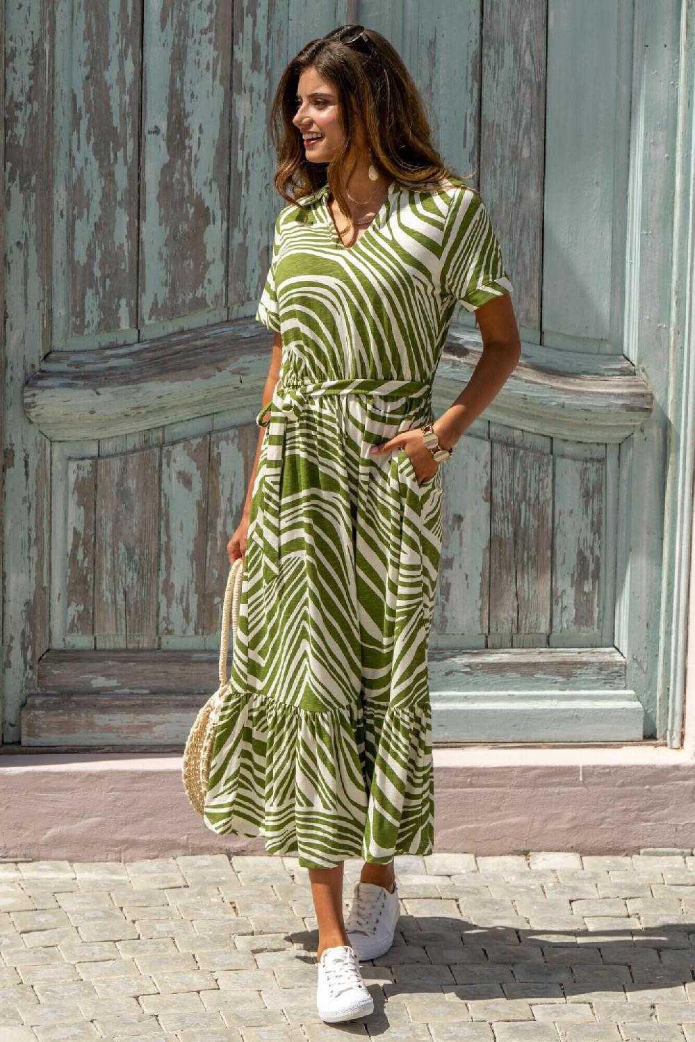 Pour Moi Cotton Slub Midi Shirt Dress - Khaki Stripe