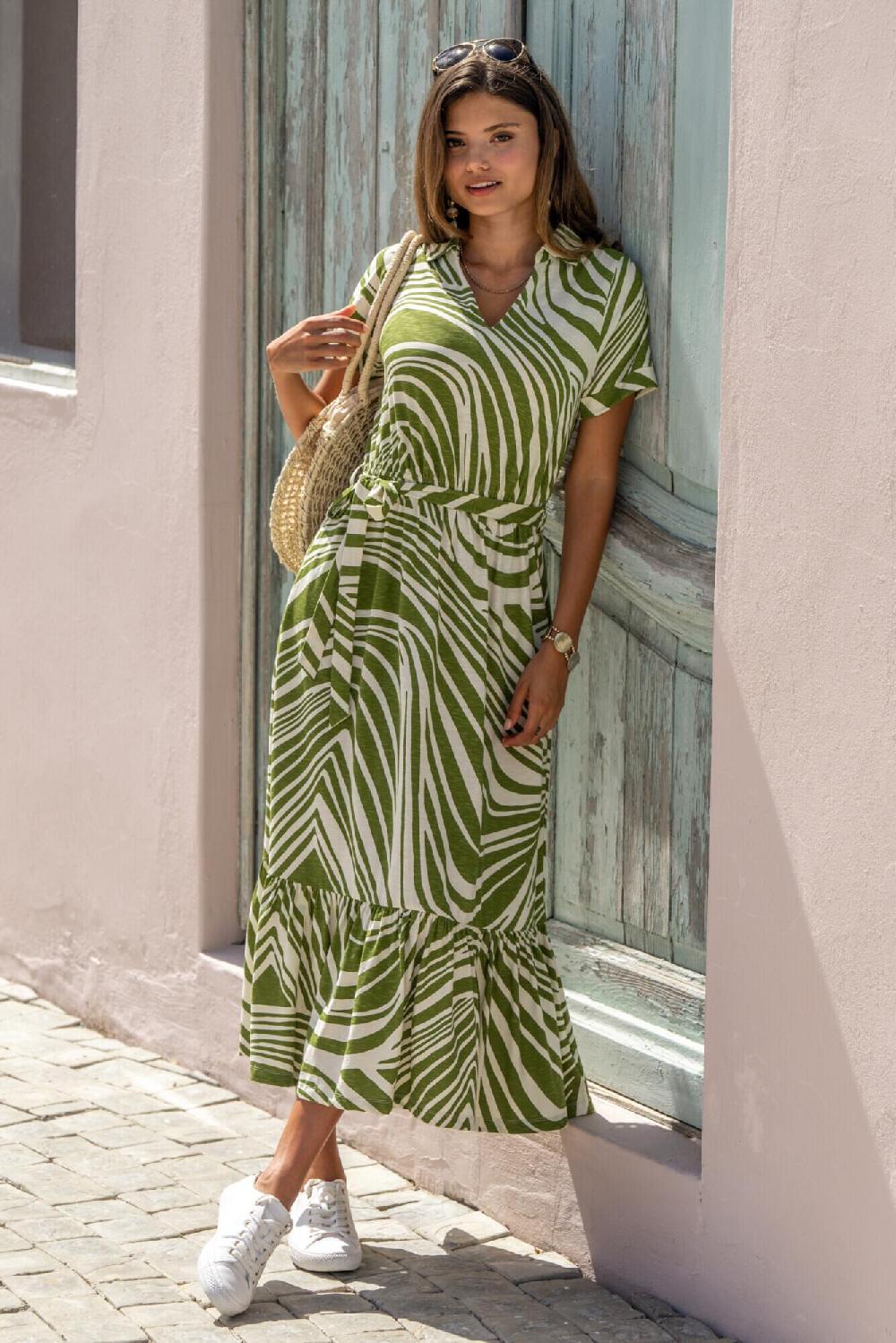 pour moi Cotton Slub Midi Shirt Dress - Khaki Stripe