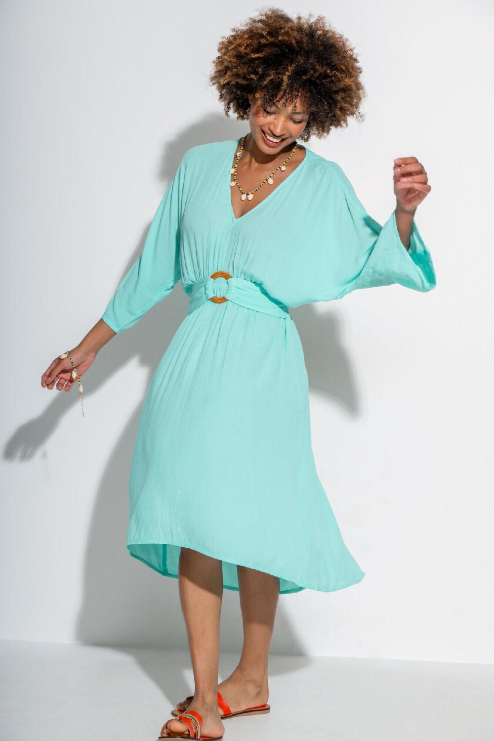 Pour Moi Crinkle O-Ring Midi Beach Kaftan - Aqua