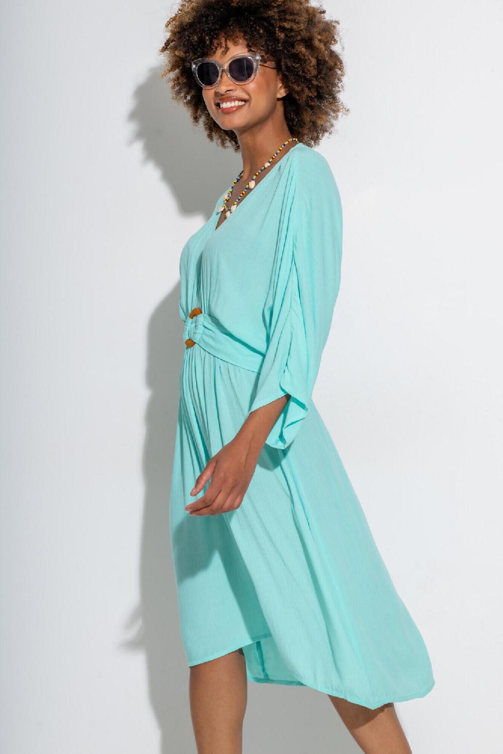 Pour Moi Crinkle O-Ring Midi Beach Kaftan - Aqua