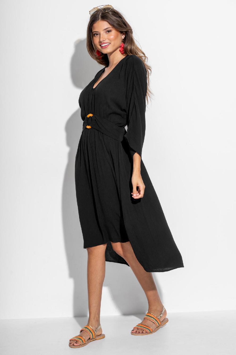 Pour Moi Crinkle O-Ring Midi Beach Kaftan - Black