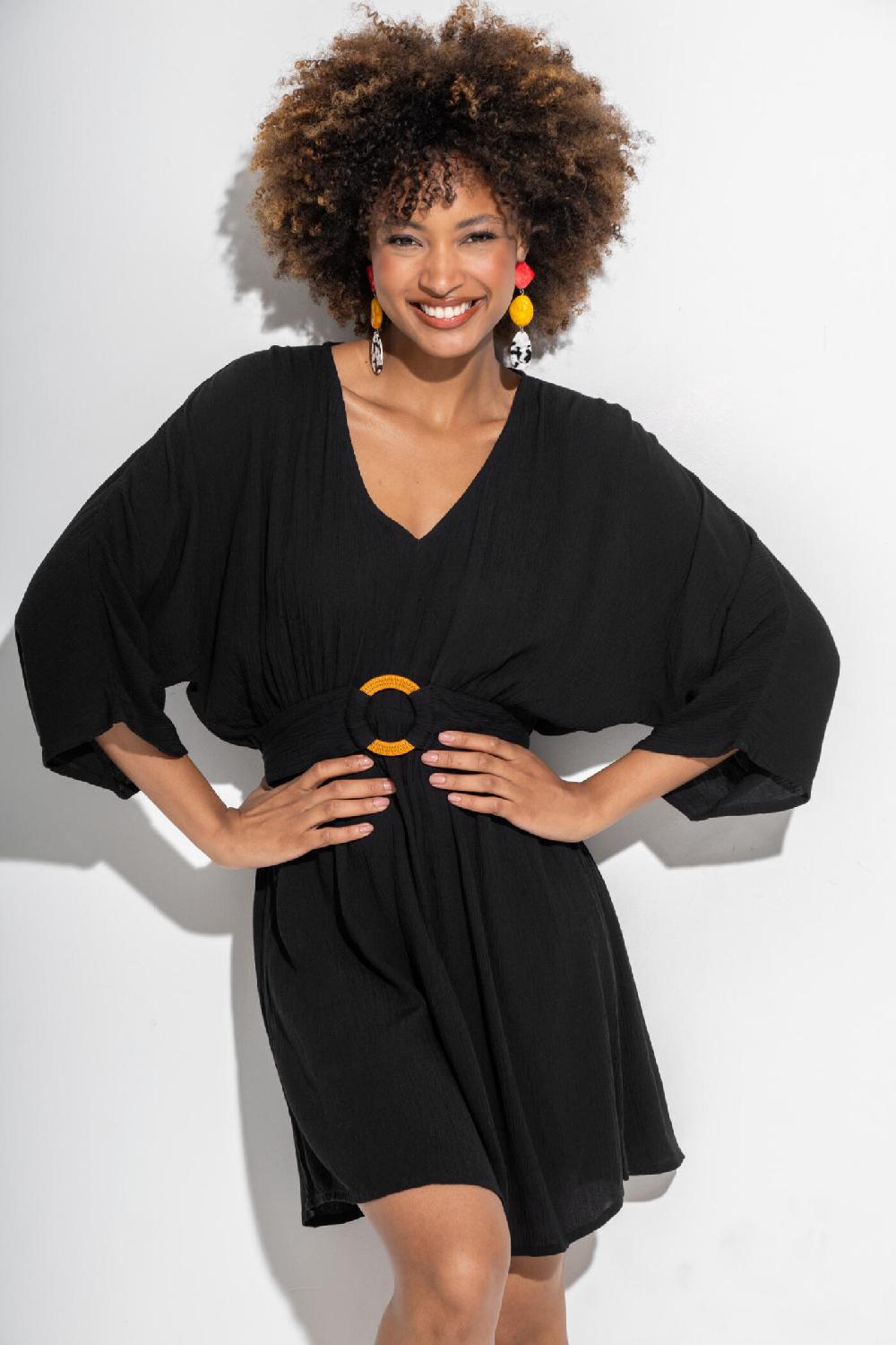 Pour Moi Crinkle O-Ring Woven Beach Kaftan - Black