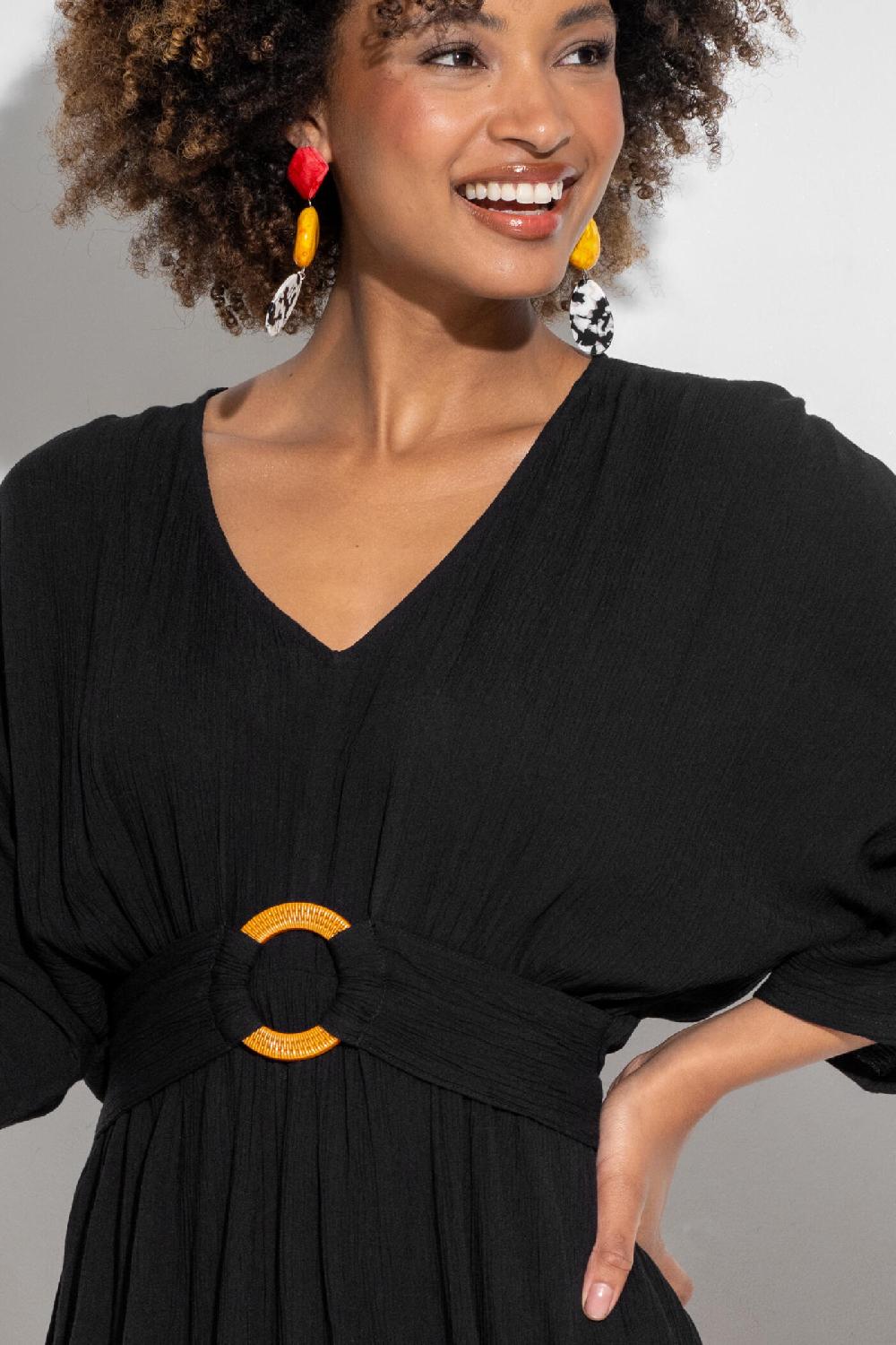 Pour Moi Crinkle O-Ring Woven Beach Kaftan - Black