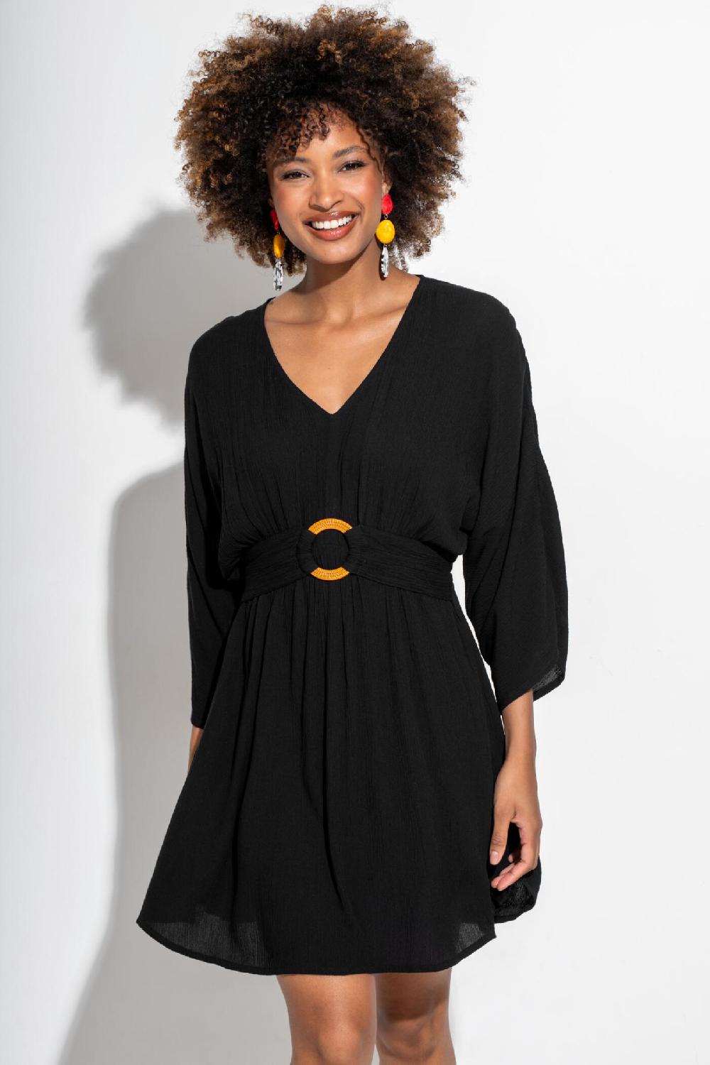 Pour Moi Crinkle O-Ring Woven Beach Kaftan - Black