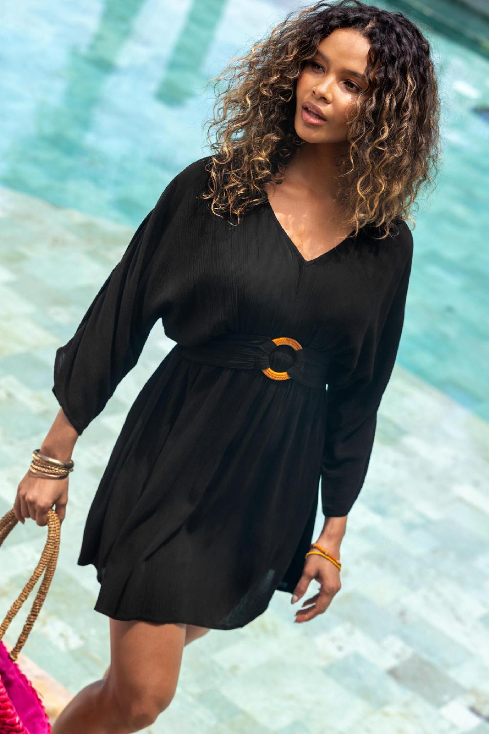 pour moi Crinkle O-Ring Woven Beach Kaftan - Black