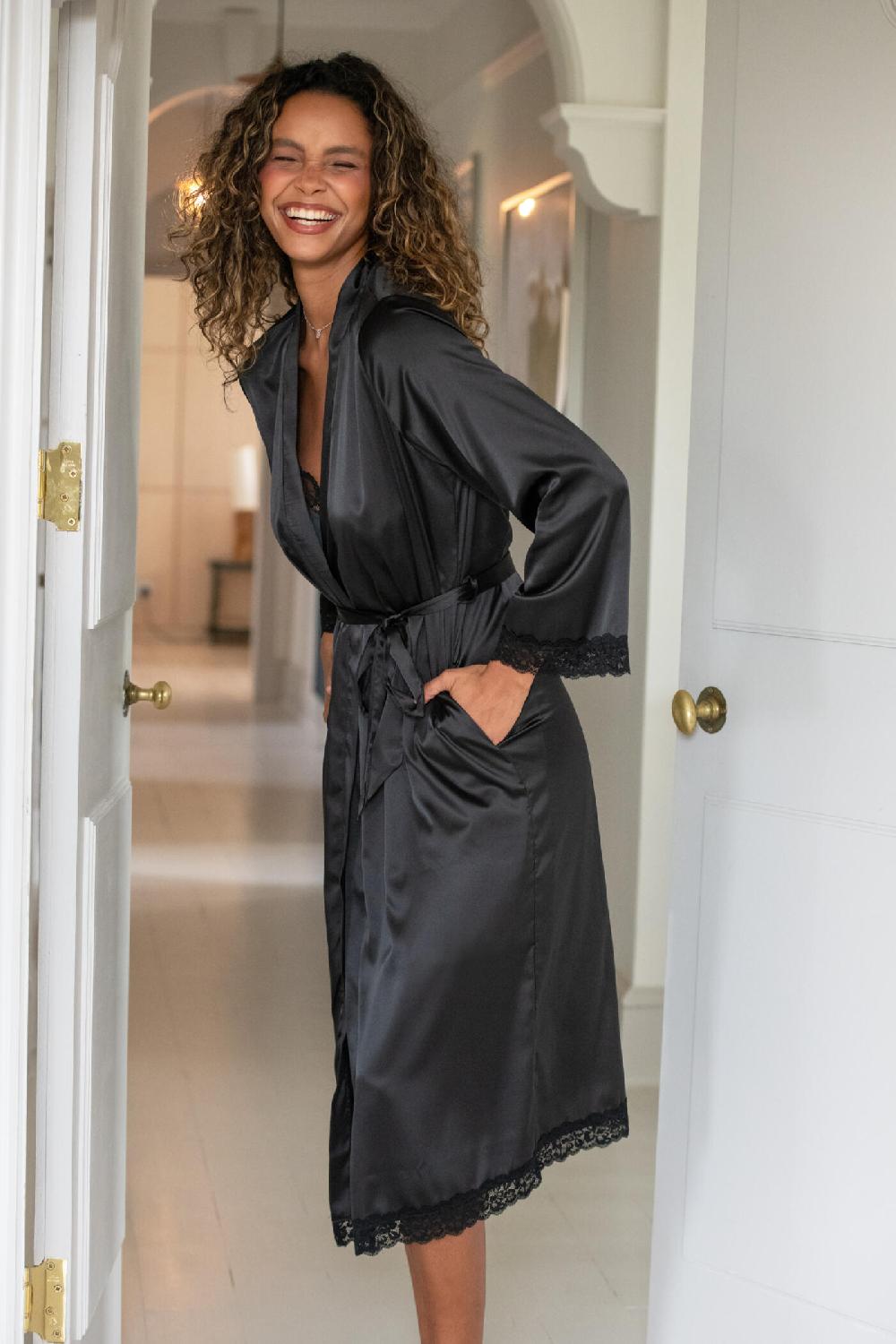 Pour Moi Dusk Satin Kimono Sleeve Midi Gown - Black