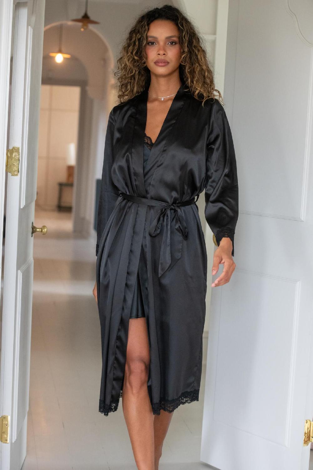 pour moi Dusk Satin Kimono Sleeve Midi Gown - Black