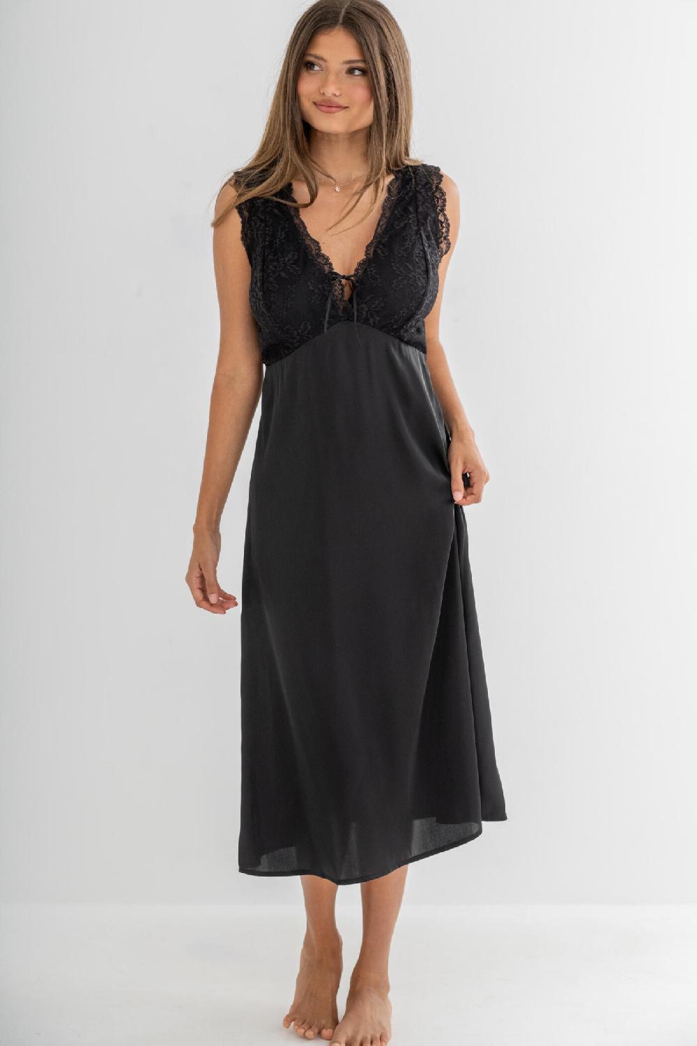Pour Moi Dusk Satin & Lace Plunge Midi Chemise - Black
