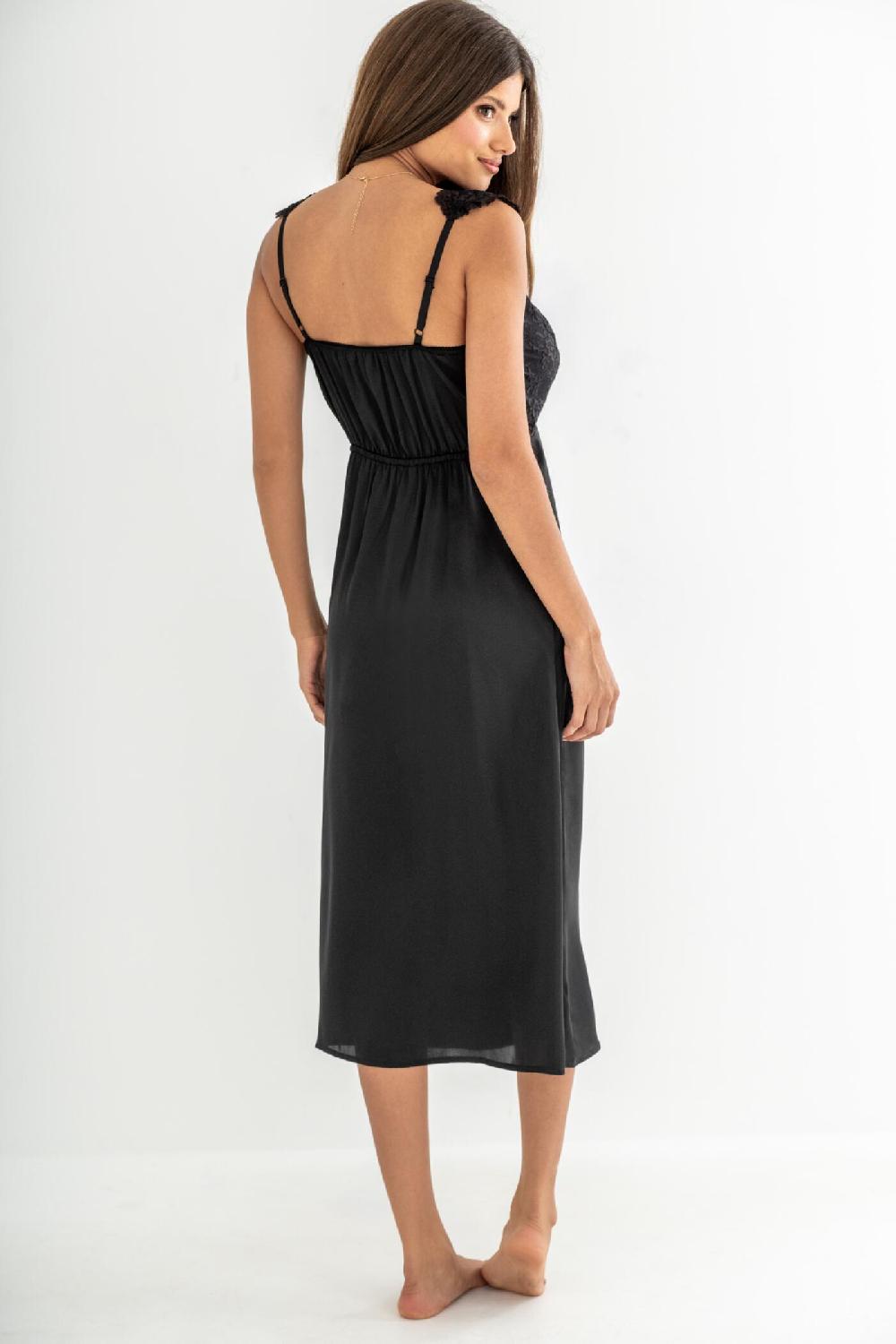 Pour Moi Dusk Satin & Lace Plunge Midi Chemise - Black