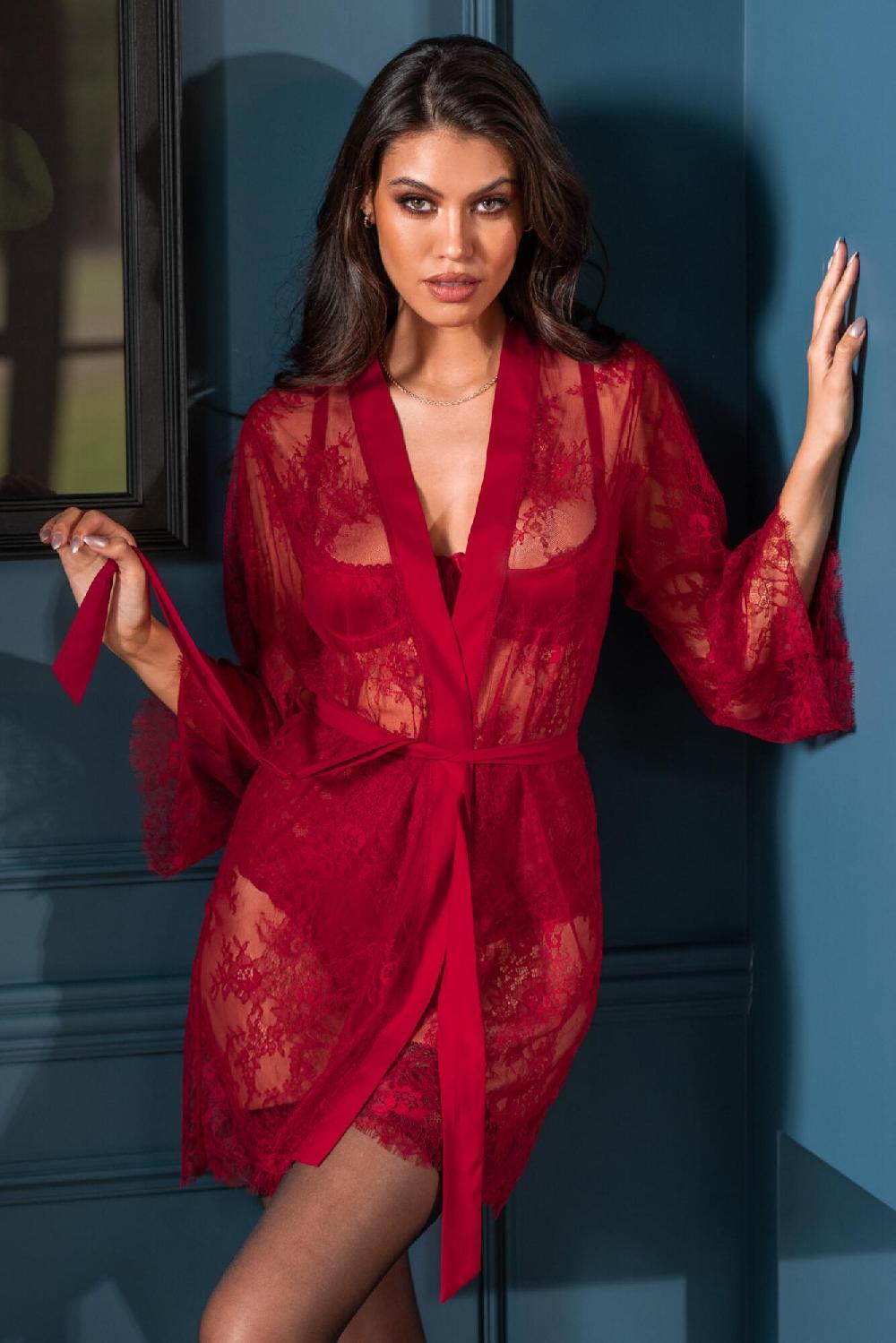 pour moi For Your Eyes Only Lace Dressing Gown - Red