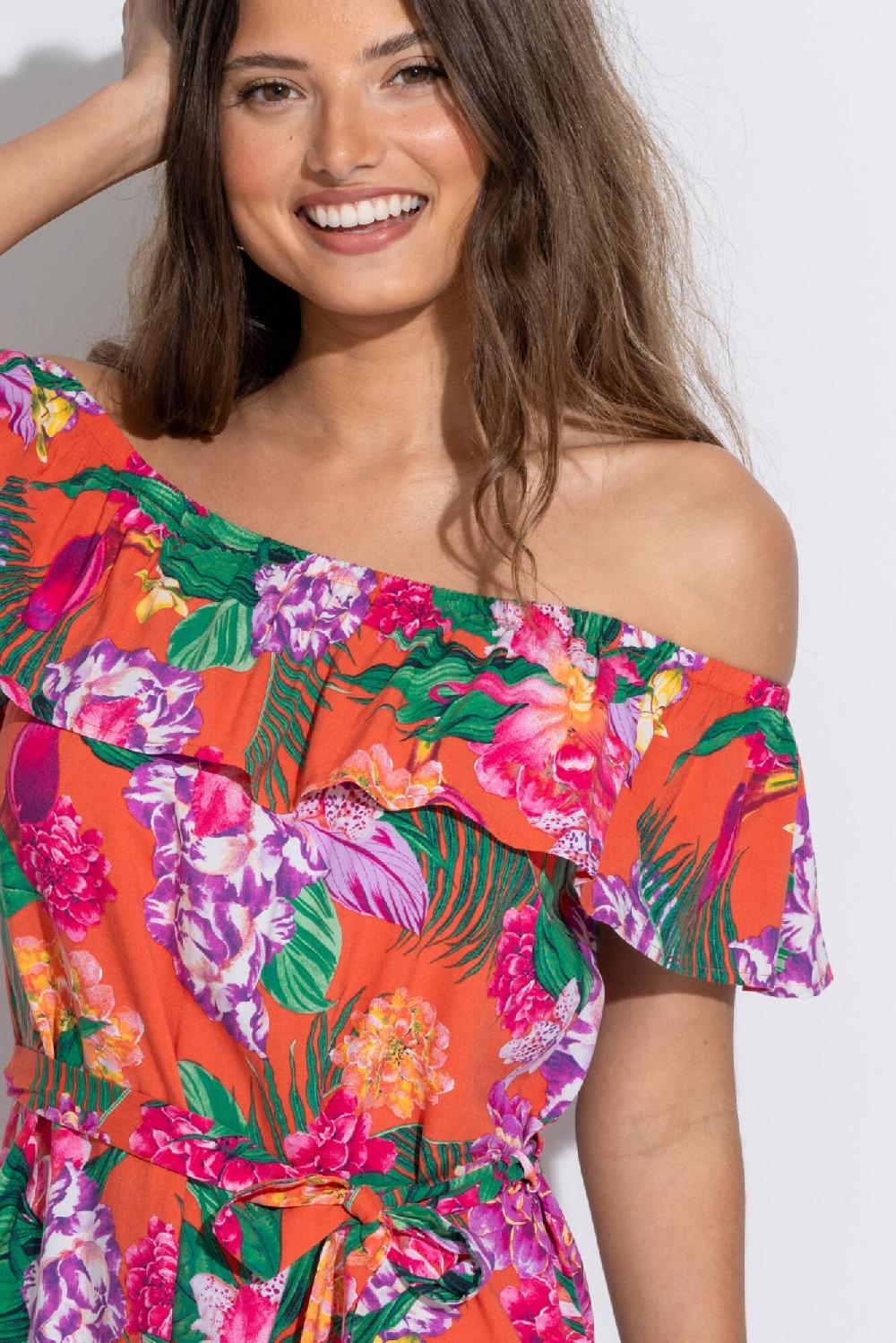 Pour Moi Frill Belted Bardot Dress - Orange Tropic