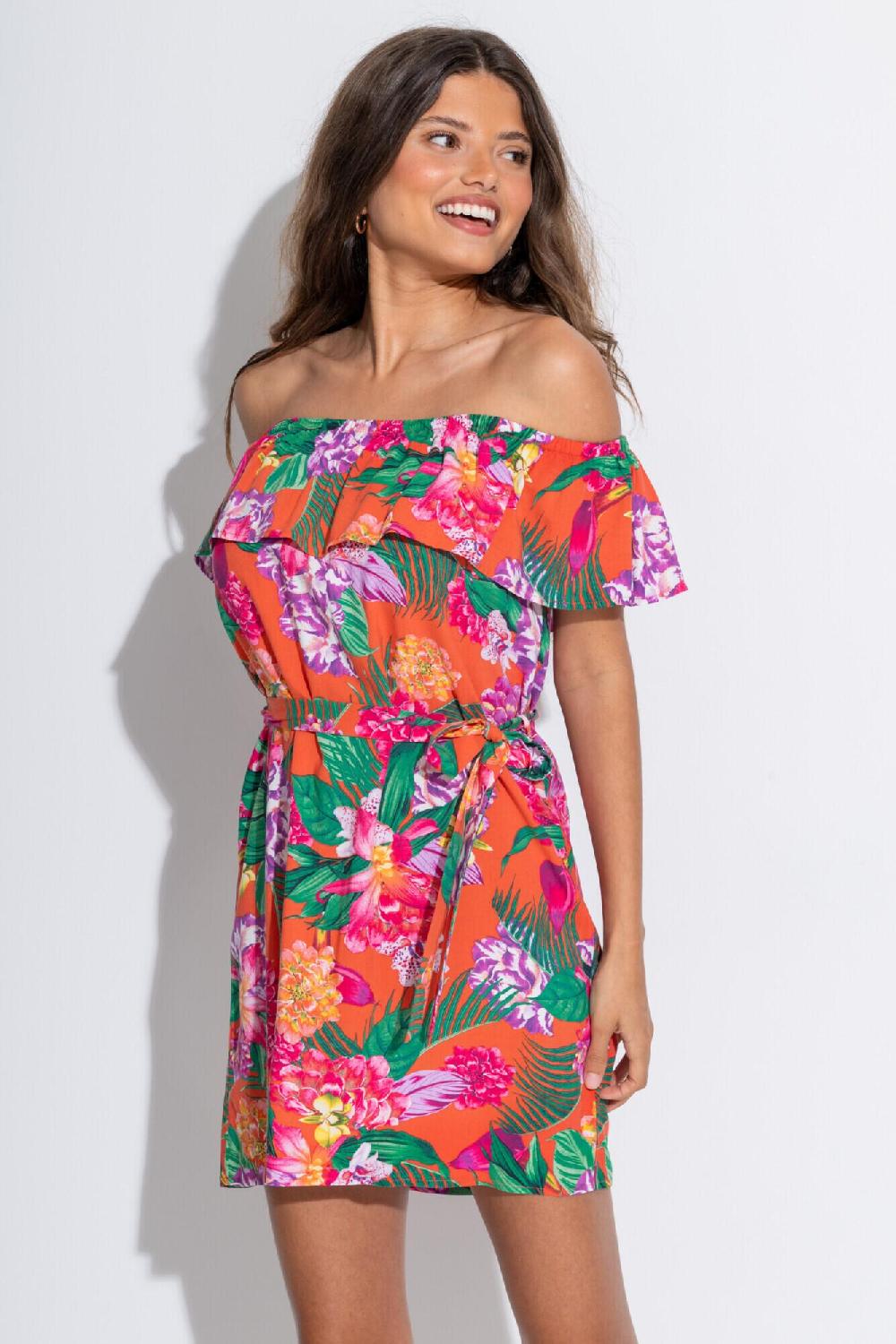 pour moi Frill Belted Bardot Dress - Orange Tropic