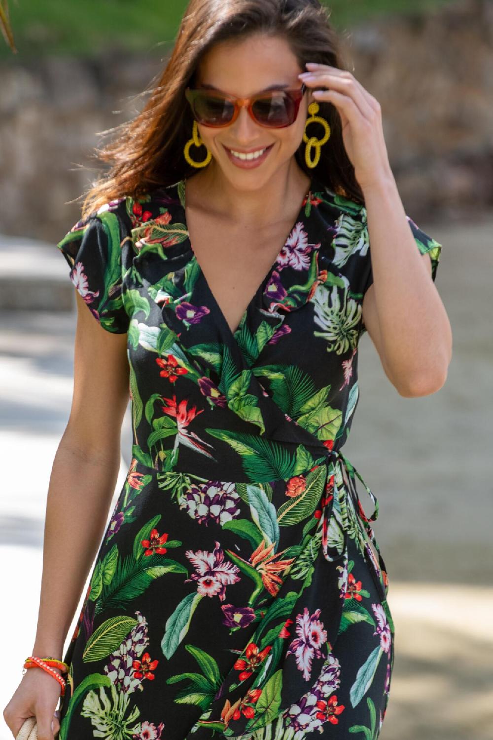 Pour Moi Frill Wrap Beach Dress - Black Tropical