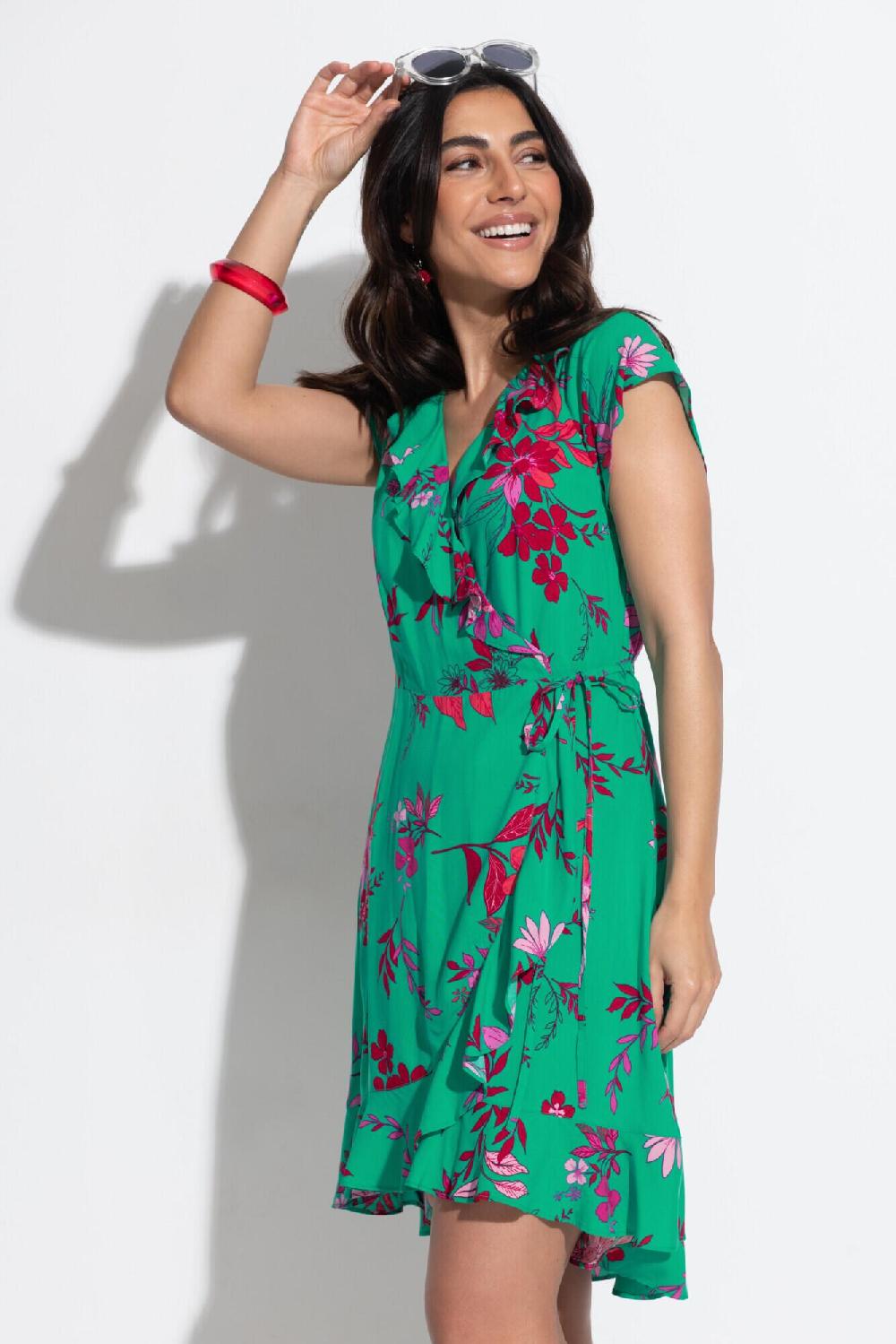 Pour Moi Frill Wrap Beach Dress - Green/Pink