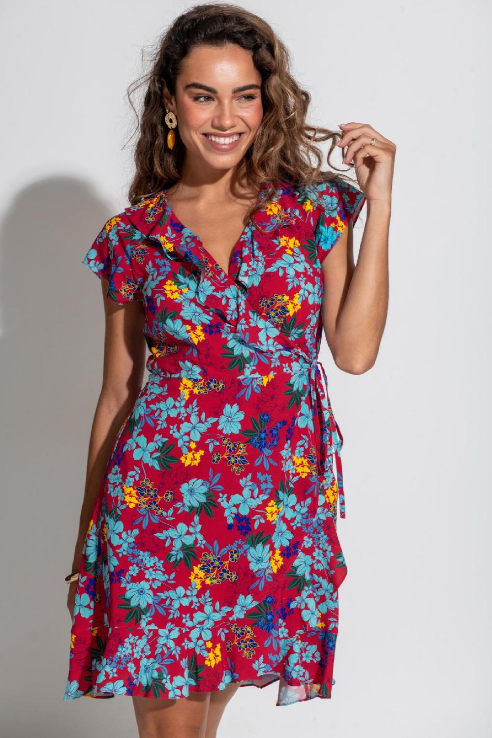 Pour Moi Frill Wrap Beach Dress - Red Floral