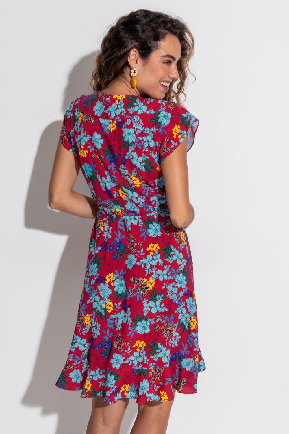 Pour Moi Frill Wrap Beach Dress - Red Floral