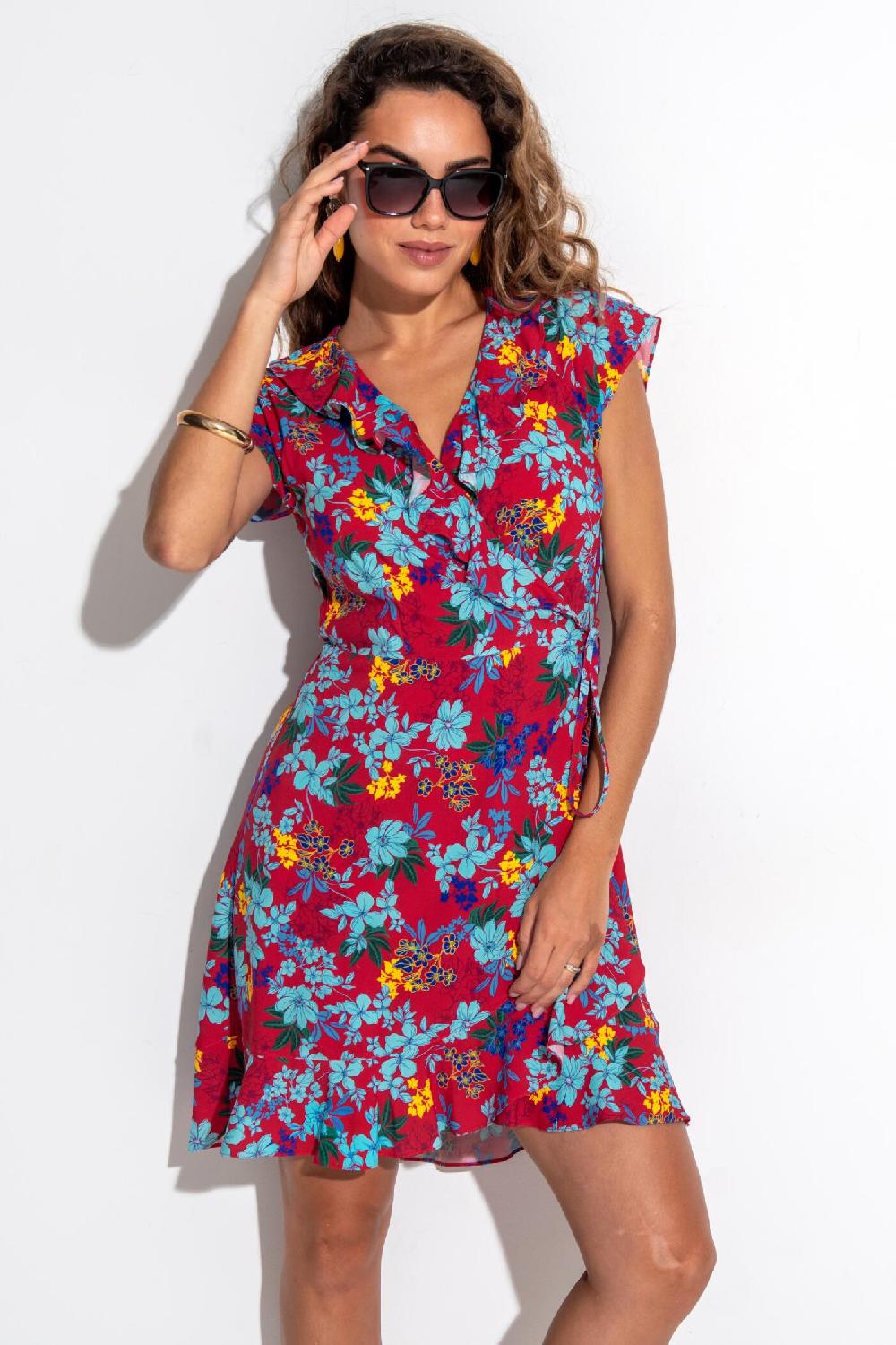 pour moi Frill Wrap Beach Dress - Red Floral