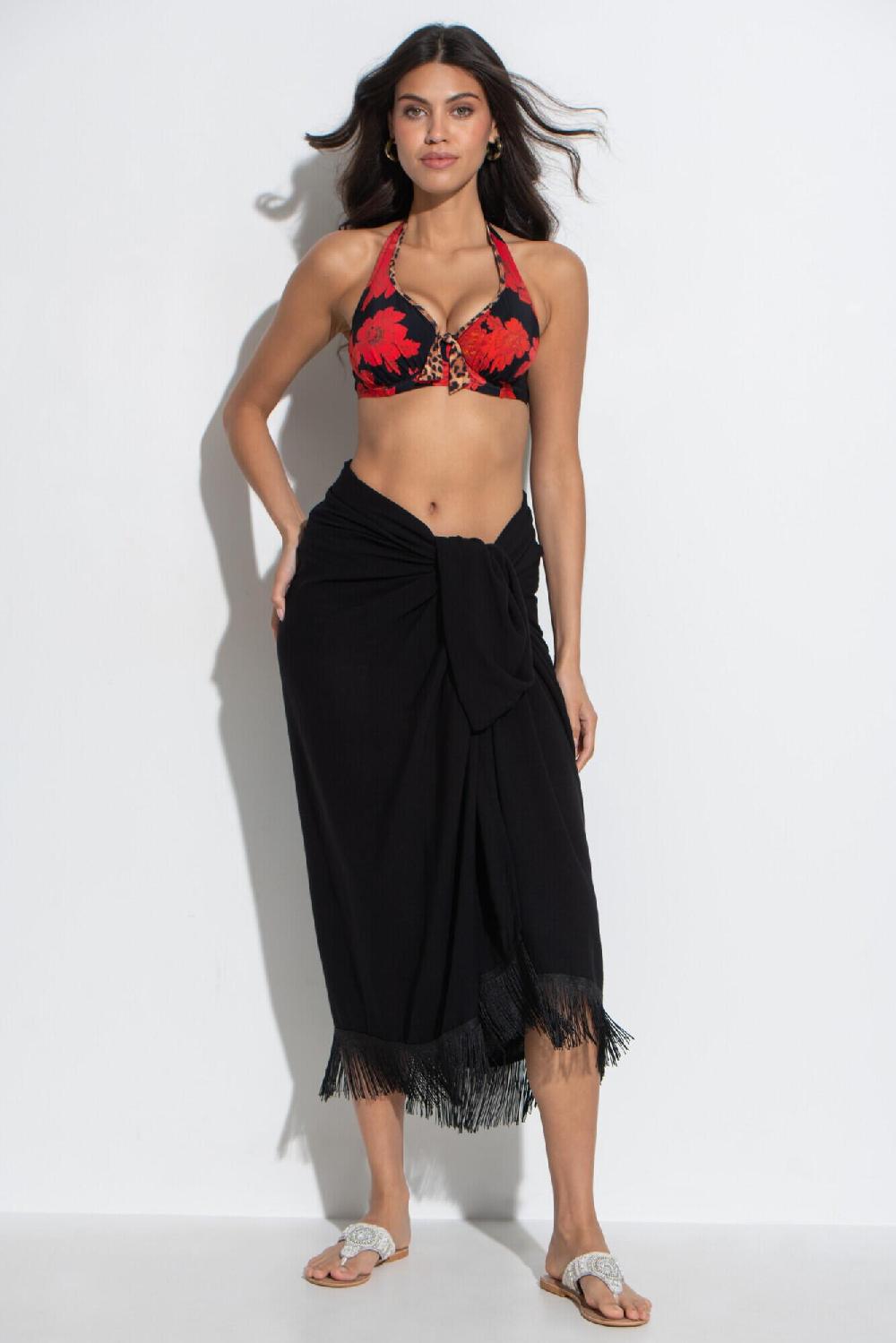 Pour Moi Fringe Trim Crinkle Multiway Sarong - Black