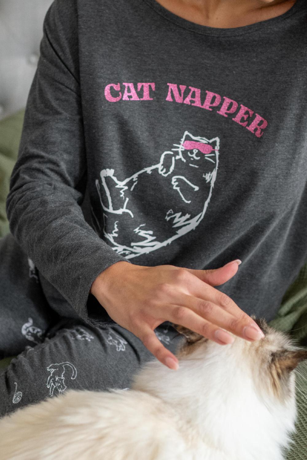 Pour Moi Jersey Cotton Cat Pyjama Set - Grey