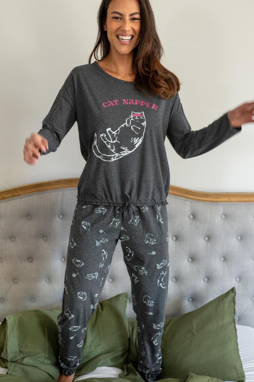 Pour Moi Jersey Cotton Cat Pyjama Set - Grey