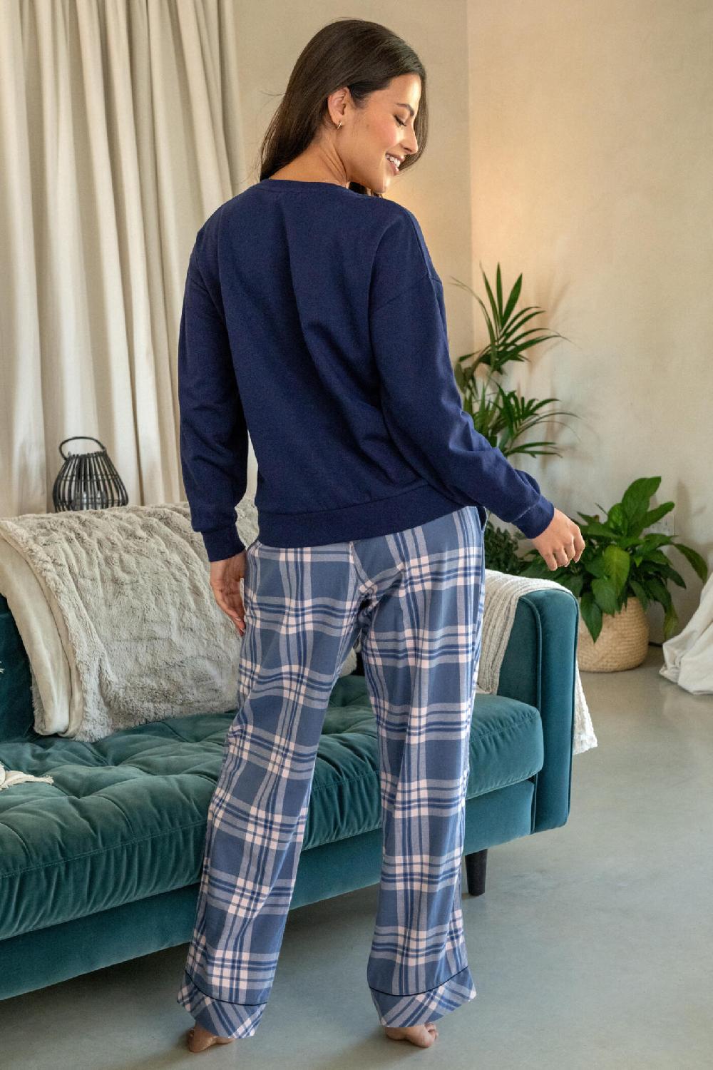 Pour Moi Pour Moi Logo Sweatshirt Cosy Check Pyjama Set - Steel Blue/Navy