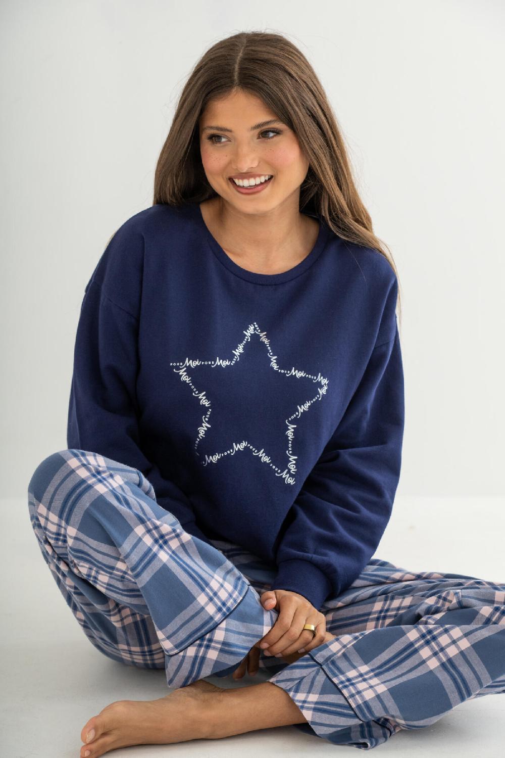 Pour Moi Pour Moi Logo Sweatshirt Cosy Check Pyjama Set - Steel Blue/Navy