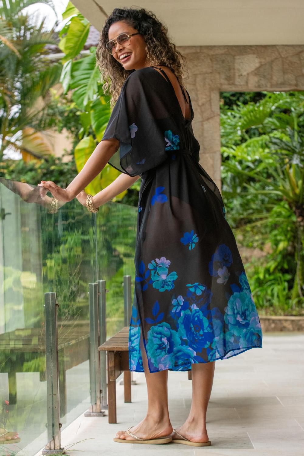 Pour Moi Luxe Maxi Chiffon Kimono - Black Floral