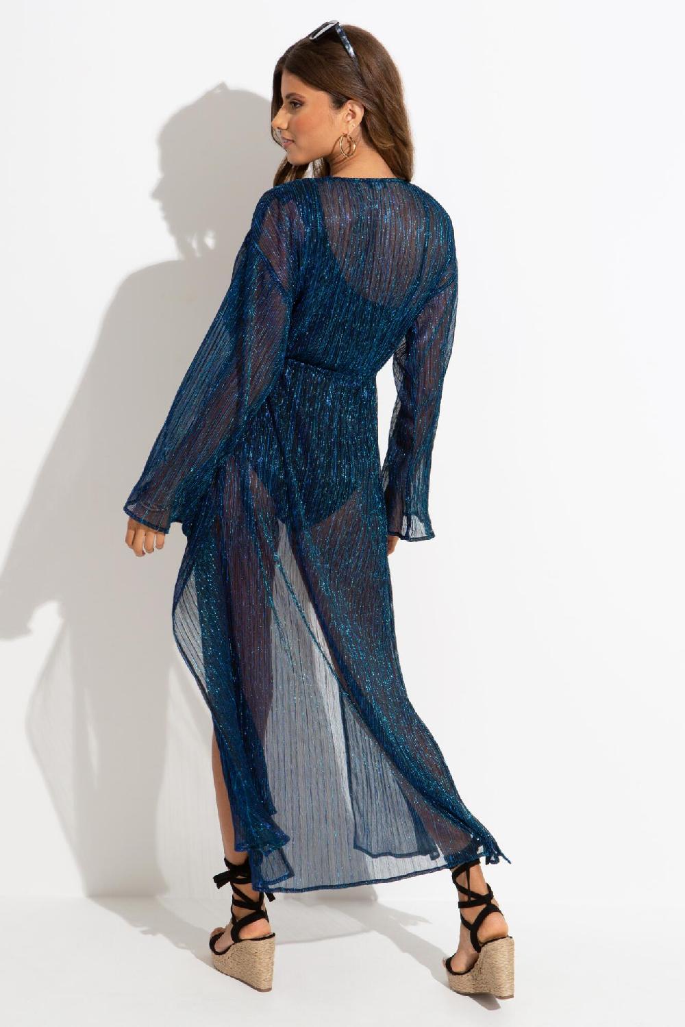 Pour Moi Metallic Plisse Maxi Kimono - Blue/Black