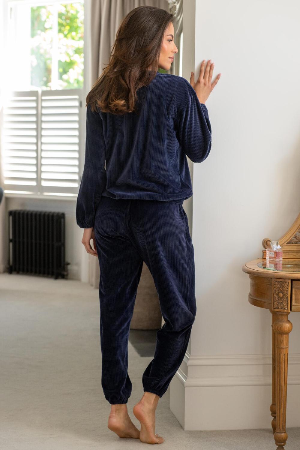 Pour Moi Ribbed Cosy Fleece Lounge Pyjama Set - Navy
