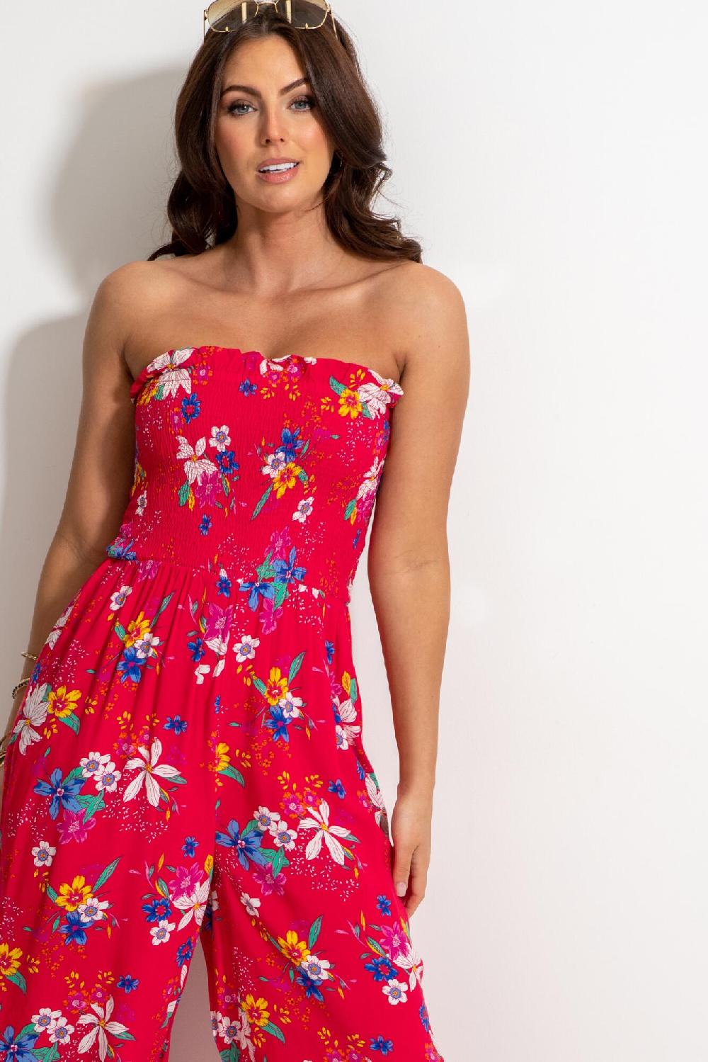 Pour Moi Shirred Crop Leg Jumpsuit - Red Tropical