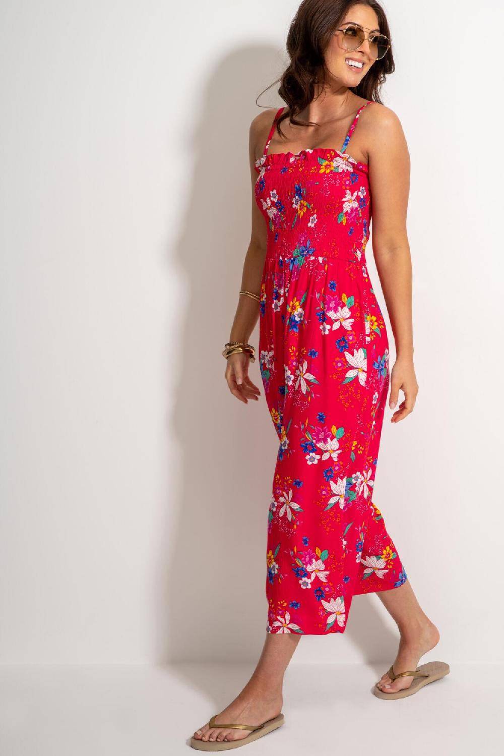 Pour Moi Shirred Crop Leg Jumpsuit - Red Tropical