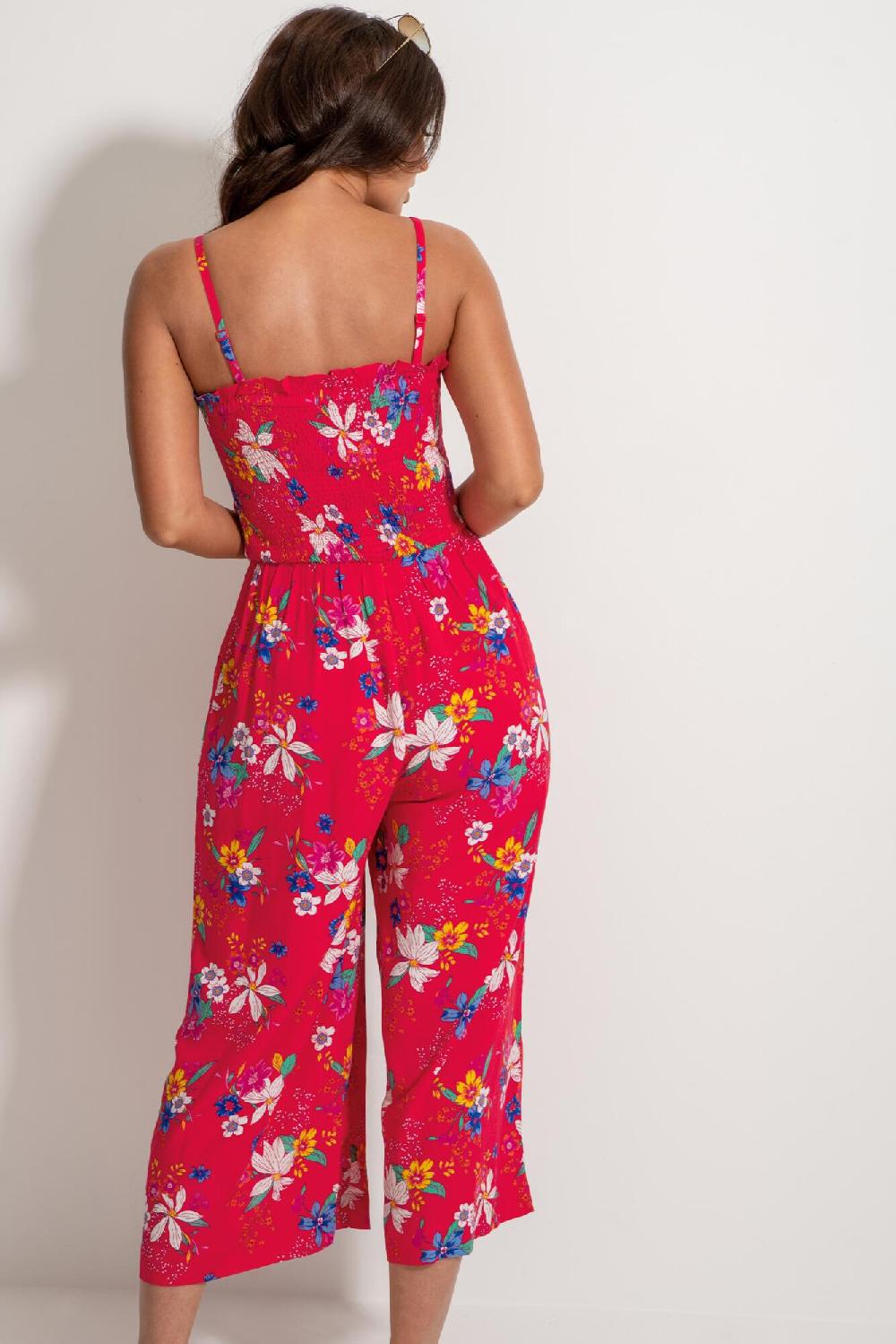 Pour Moi Shirred Crop Leg Jumpsuit - Red Tropical