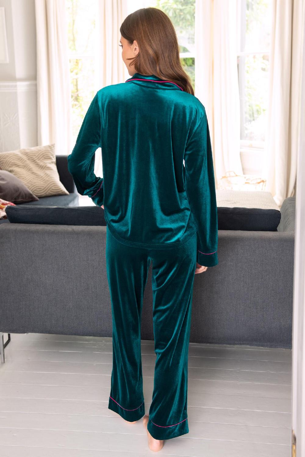 Pour Moi Velour Contrast Trim Pyjama Set - Teal/Pink