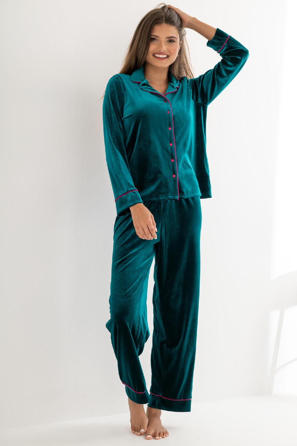 Pour Moi Velour Contrast Trim Pyjama Set - Teal/Pink