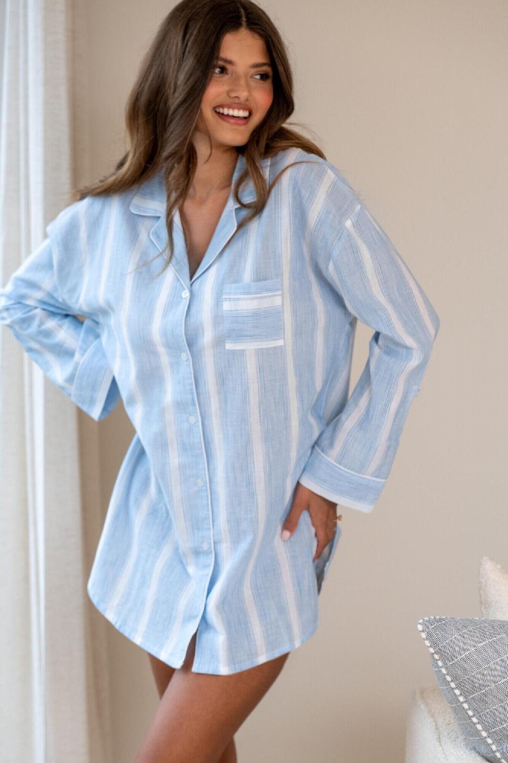 Pour Moi Woven Cotton Stripe Nightshirt - Blue/White