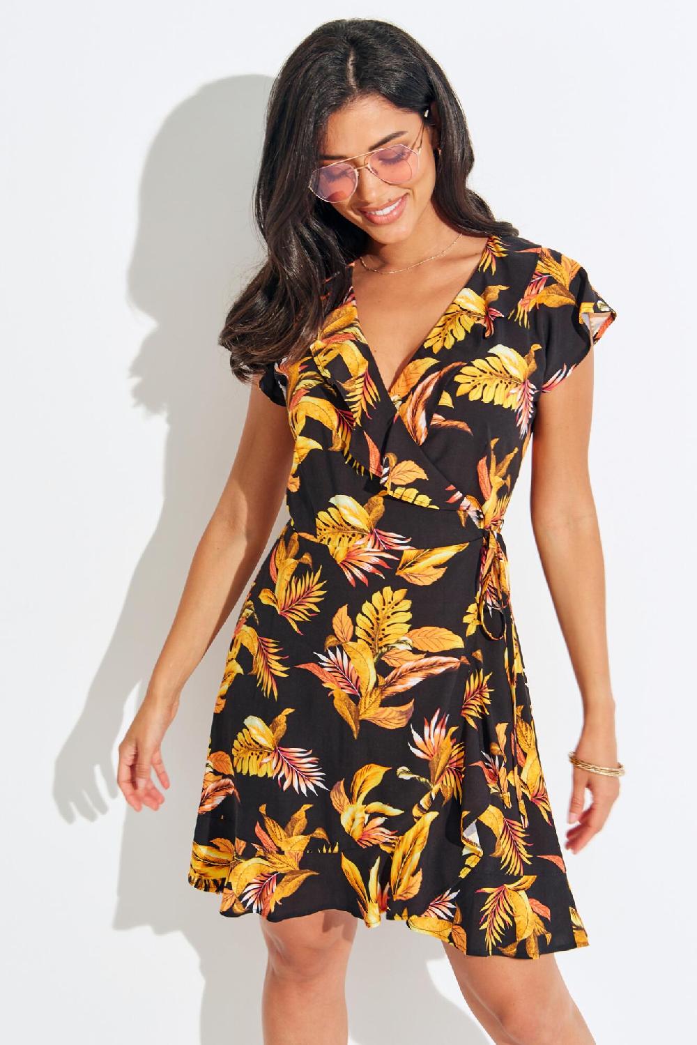 Pour Moi Woven Frill Wrap Dress - Black/Gold