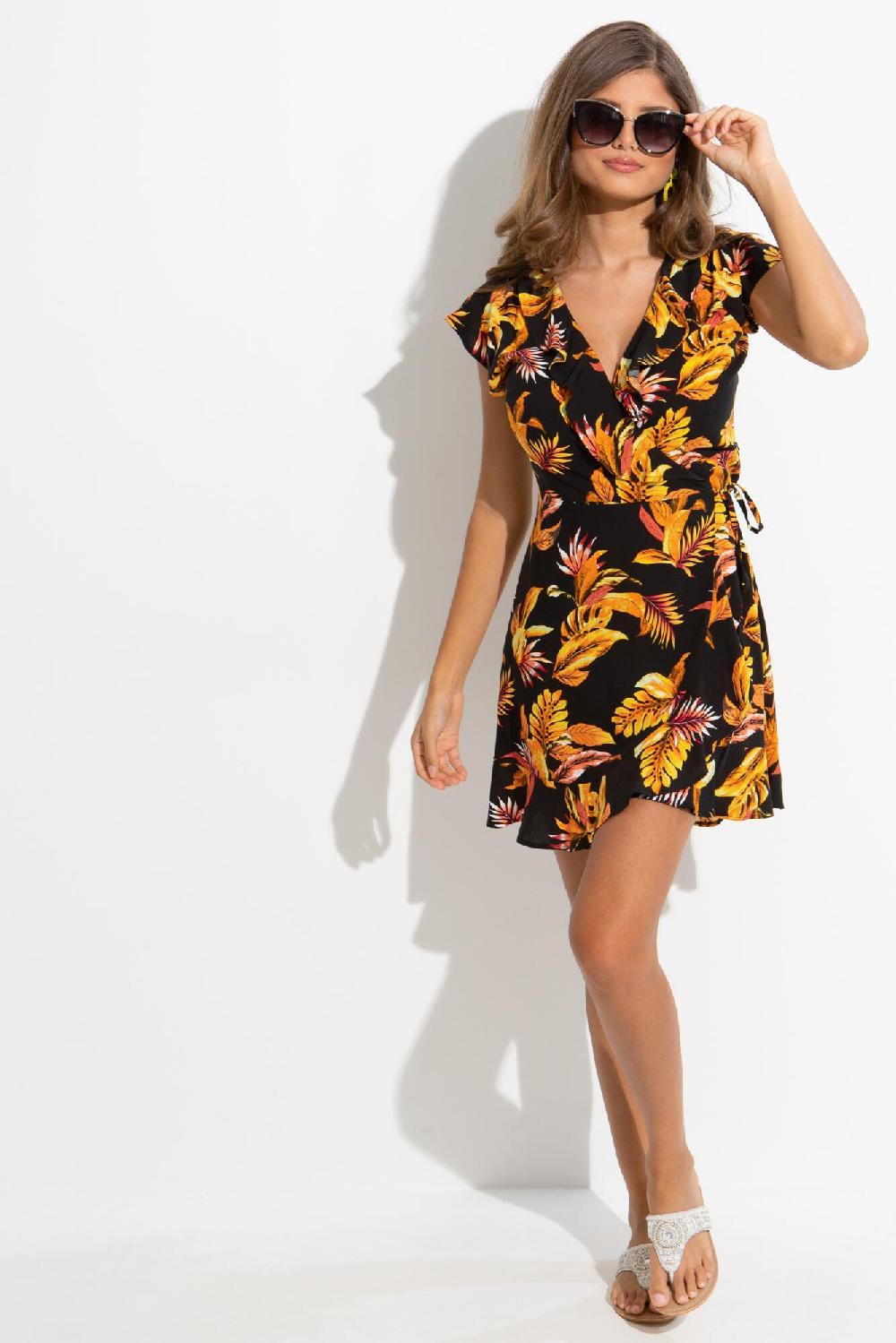 pour moi Woven Frill Wrap Dress - Black/Gold