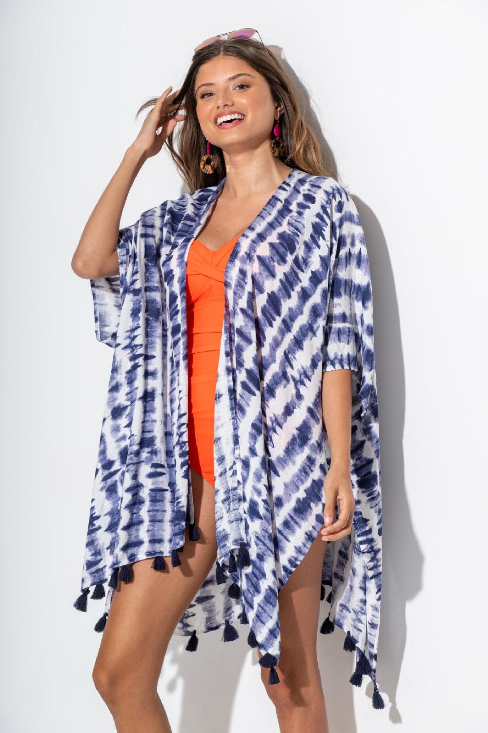 Pour Moi Woven Tassel Kimono - White/Blue