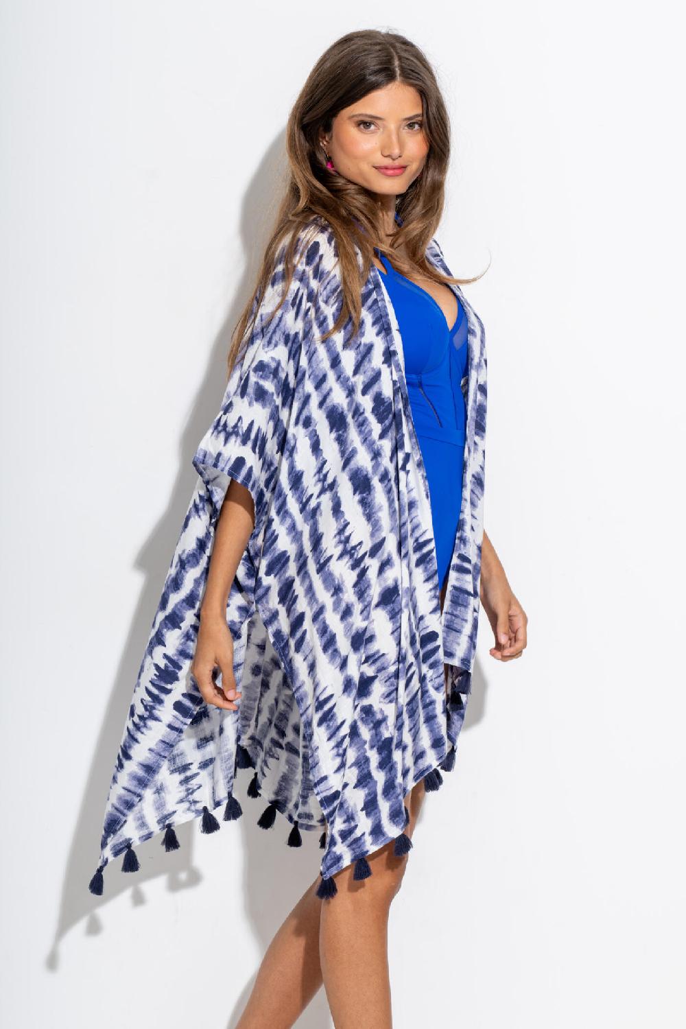 Pour Moi Woven Tassel Kimono - White/Blue