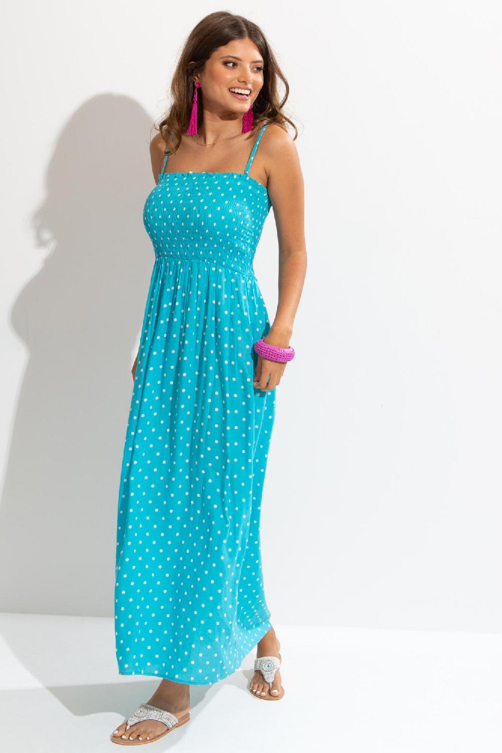 Pour Moi Removable Straps Shirred Bodice Maxi Dress - Aqua Spot
