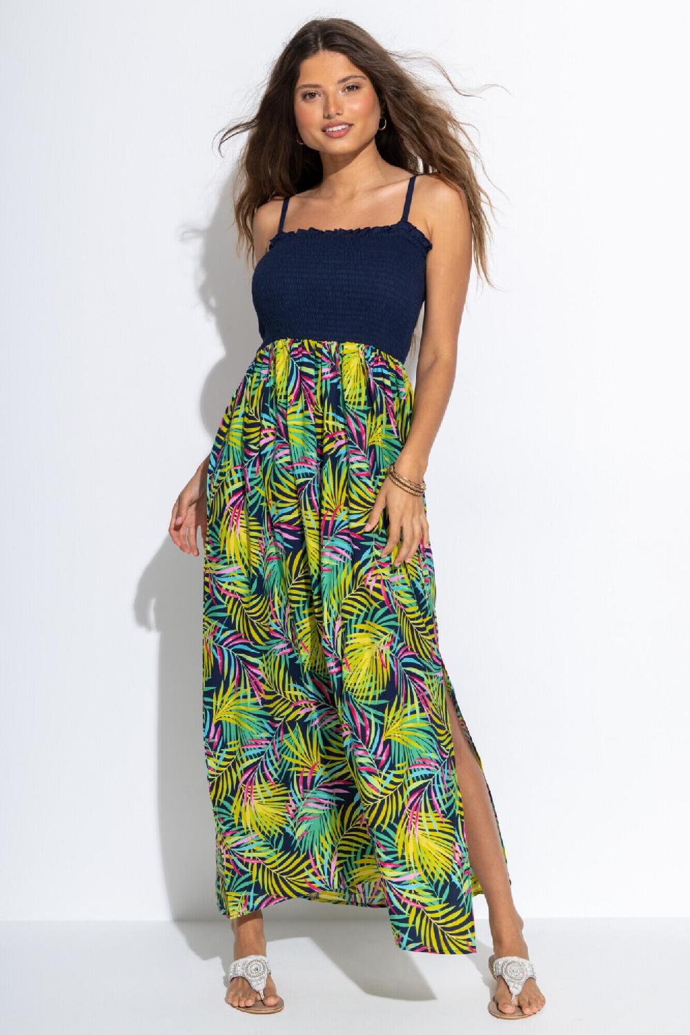 Pour Moi Removable Straps Shirred Split Maxi Dress - Navy Fern